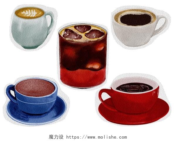 五杯咖啡元素水彩png素材冰美式摩卡拿铁